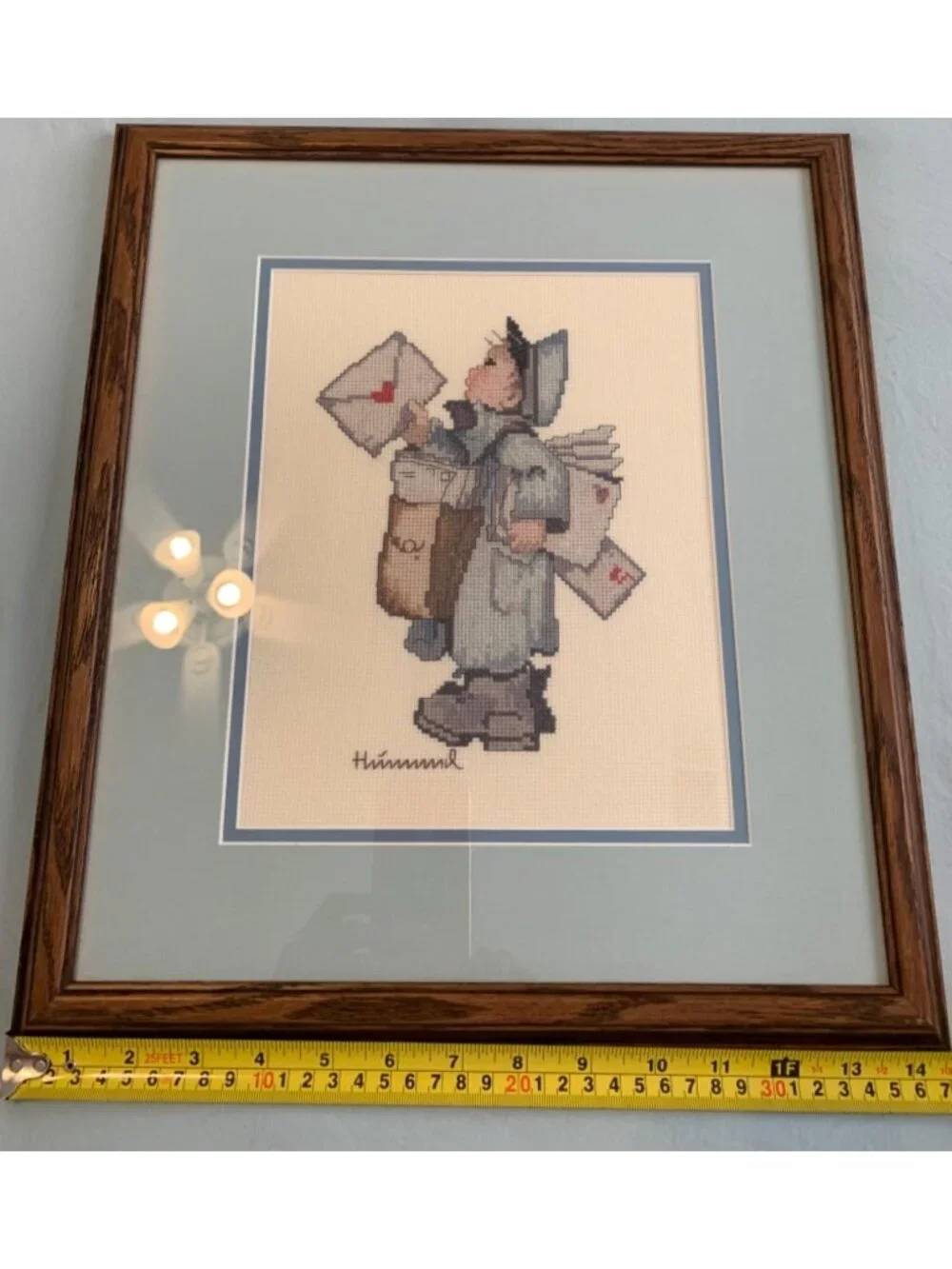 Framed Hummel-Inspired Cross-Stitch Art Of Mail Carrier With Letters 16